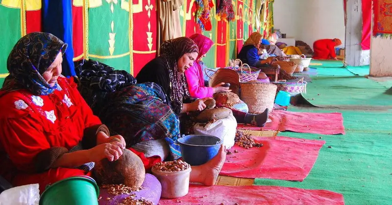 Argan nuts and oil bottles beside argan trees in southwest Morocco