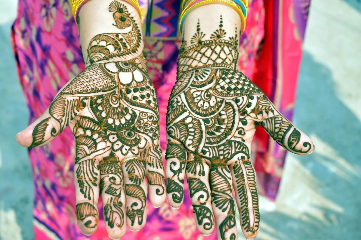 Intricate henna patterns painted on a hand