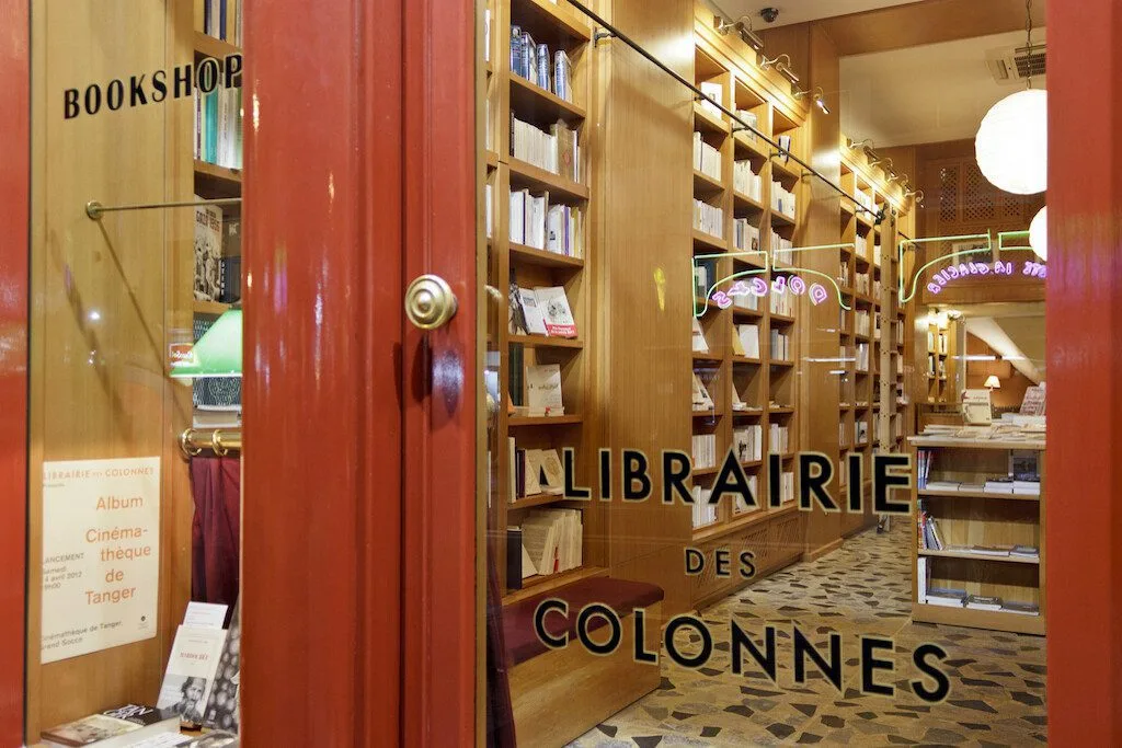 Bookshelves and storefront of Librairie des Colonnes in Tangier