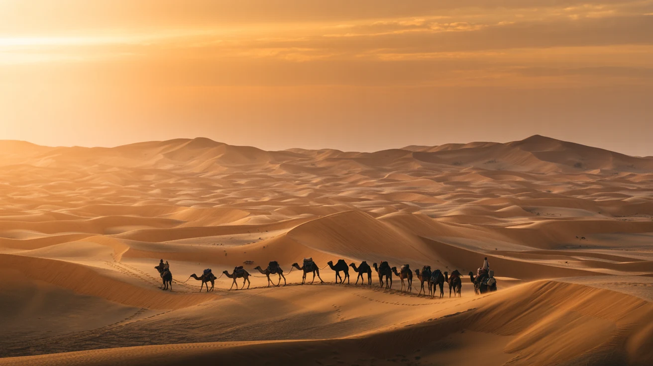Dunas do deserto do Saara brilhando em ouro ao pôr do sol