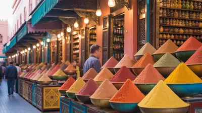Colourful spice cones and produce in a Marrakech souk