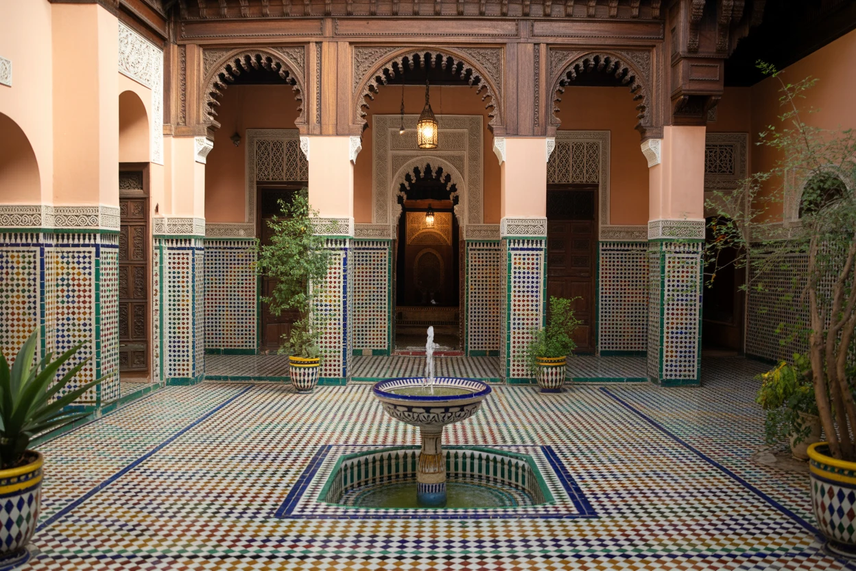 Autêntico pátio de riad marroquino com arquitetura tradicional e lanterna noturna