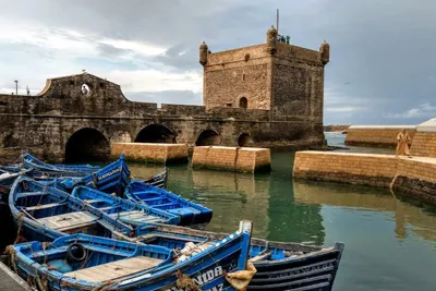 Blue wooden fishing boats moored beside the stone ramparts of the Essaouira harbour