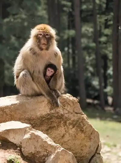 Barbary macaque cradling its infant on a rock in the Azrou cedar forest