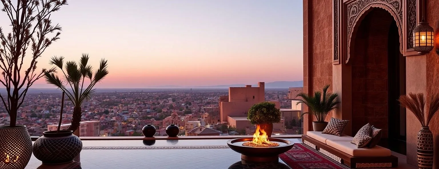 Rooftop terrace with a fire pit and lounge seating overlooking Marrakech at sunset
