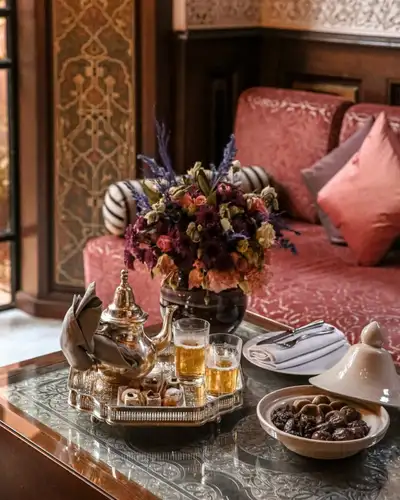 Silver teapot and mint tea glasses served with dates and pastries in a riad lounge
