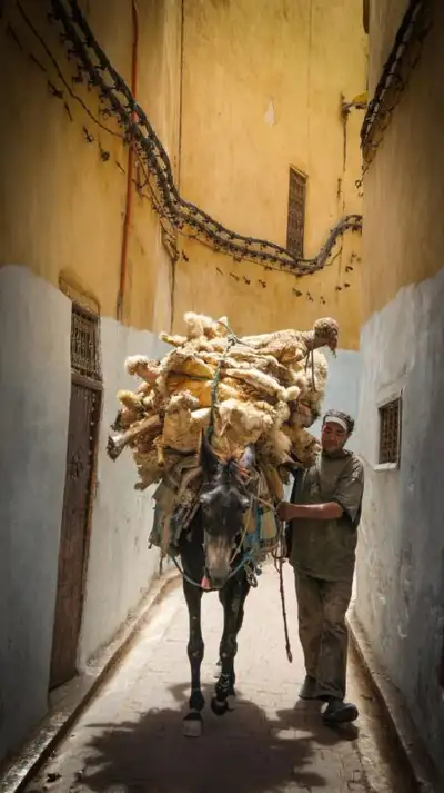 Man leading a mule piled high with raw hides through a narrow medina alley