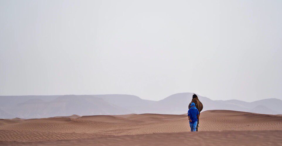 A Tuaregs man walk with his camel in desert A Tuaregs man walk with his camel in desert