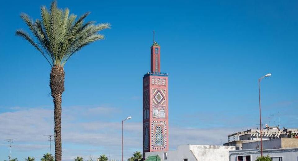 Mosque decorated with pink and blue